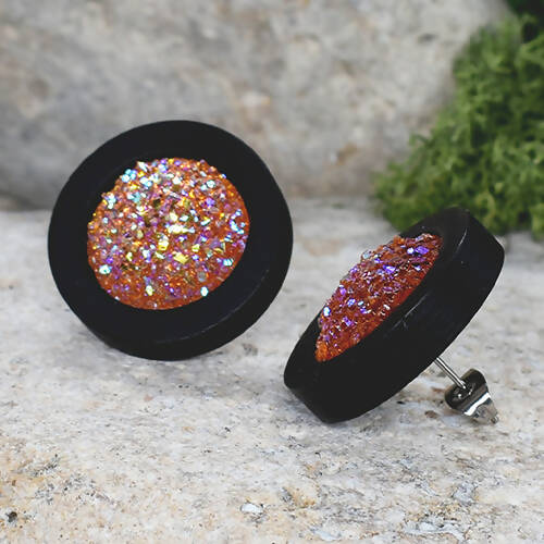 Wood Earrings With Resin Druzy #19