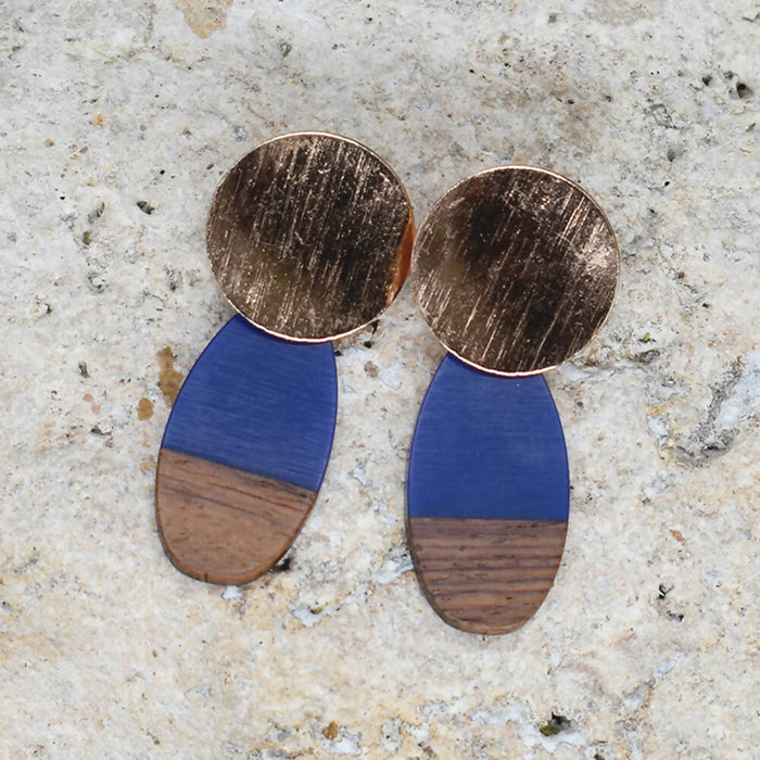 Wood Dangle Earrings with Blue Resin #98