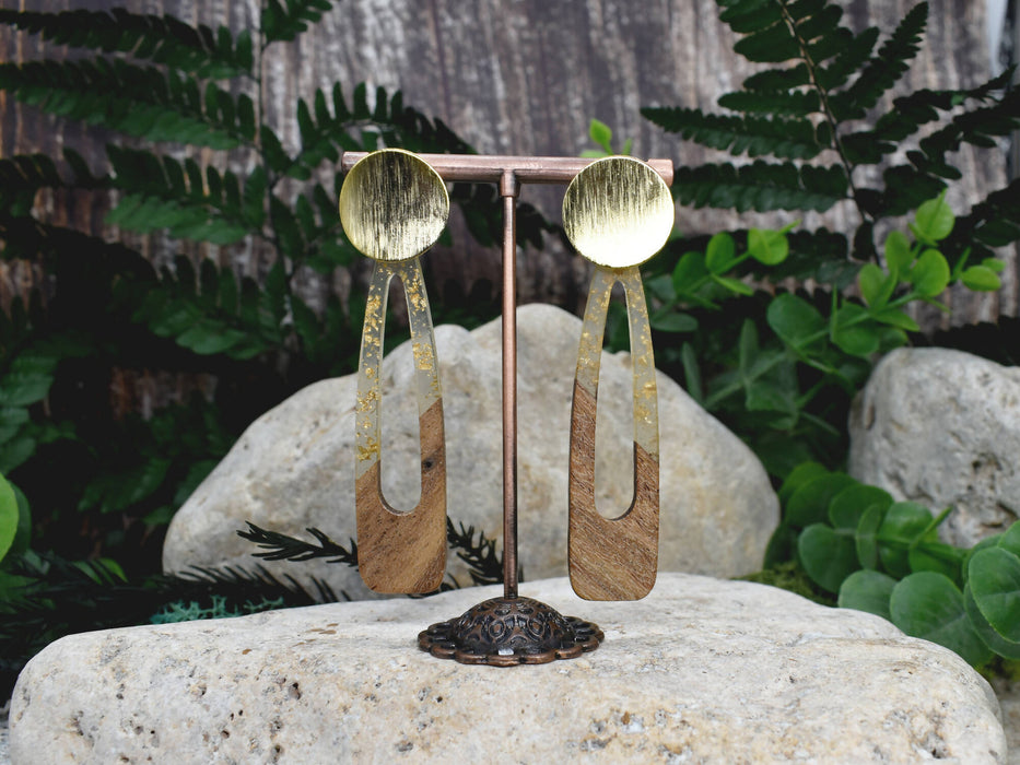 Wood Dangle Earrings with Transpareny-Gold Resin #111