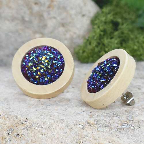 Wood Earrings With Resin Druzy #13