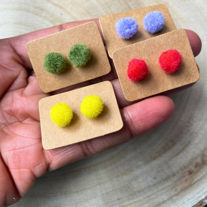 Mini Pom-poms Gold Stud Earrings | Fun Colourful Earrings | Gift for Her