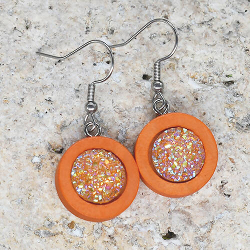 Wood Dangle Earrings With Resin Druzy #29