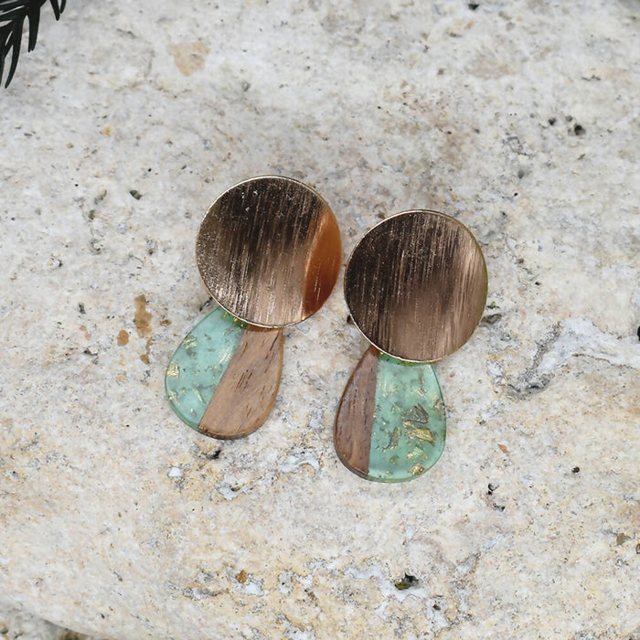Wood Dangle Earrings with Green Resin #108