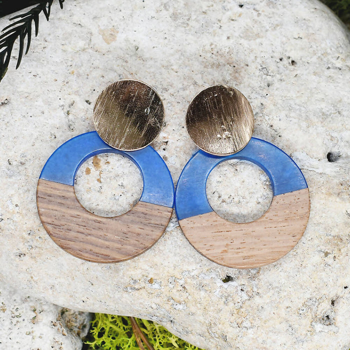 Wood Dangle Earrings with Blue Resin #93