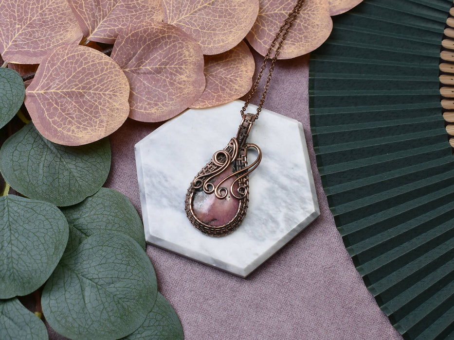 Wire Wrapped Copper Pendant With Rhodonite