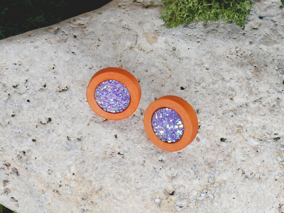 Wood Earrings With Resin Druzy #8