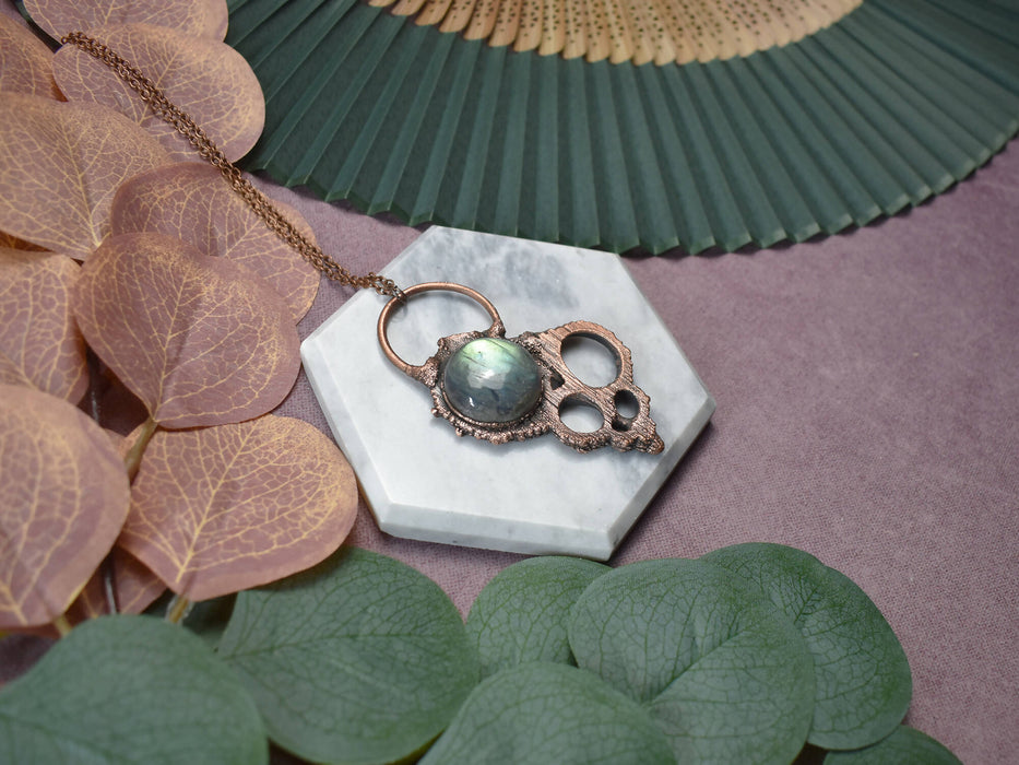 Copper Pendant with Shell & Labradorite | Center Cut Gold Mouth Turbo Shell