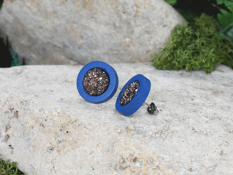 Wood Stud Earrings With Resin Druzy #50