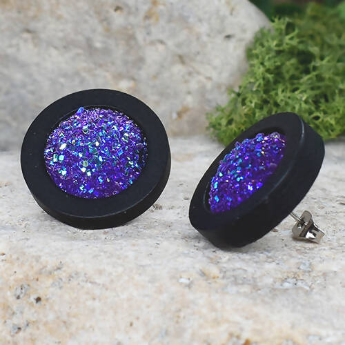 Wood Stud Earrings With Resin Druzy #26