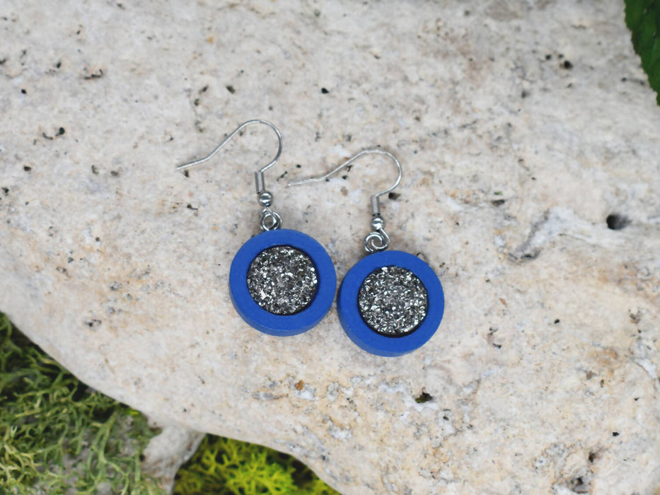Wood Dangle Earrings With Resin Druzy #36