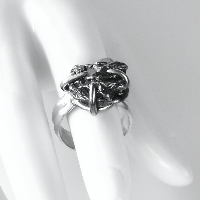 Size 7.75 Sterling Silver Ring with 16mm x 17mm Meteorite Fragment in Prong Setting