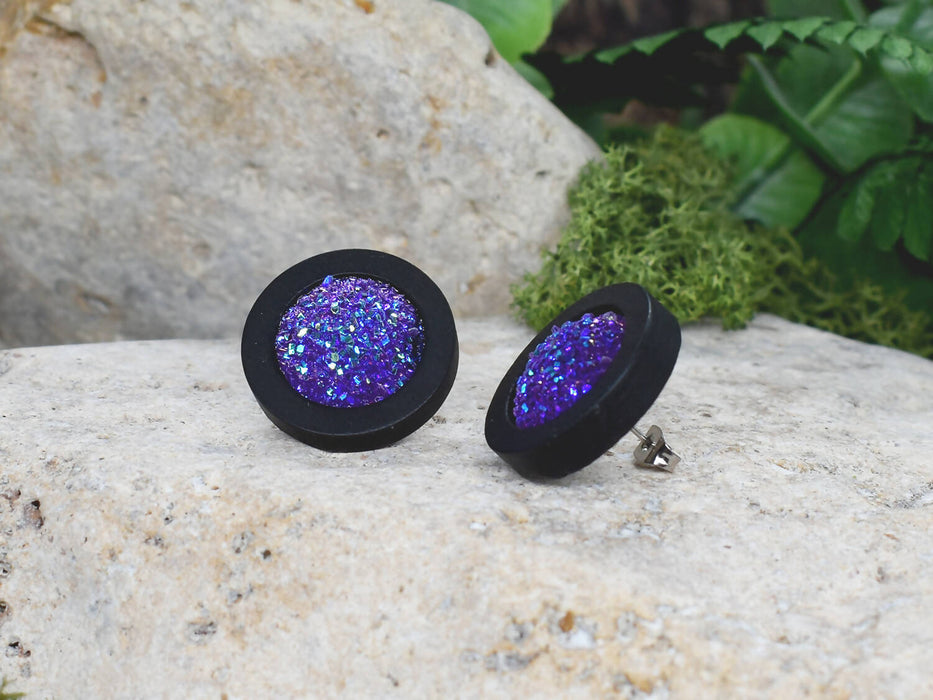 Wood Stud Earrings With Resin Druzy #26