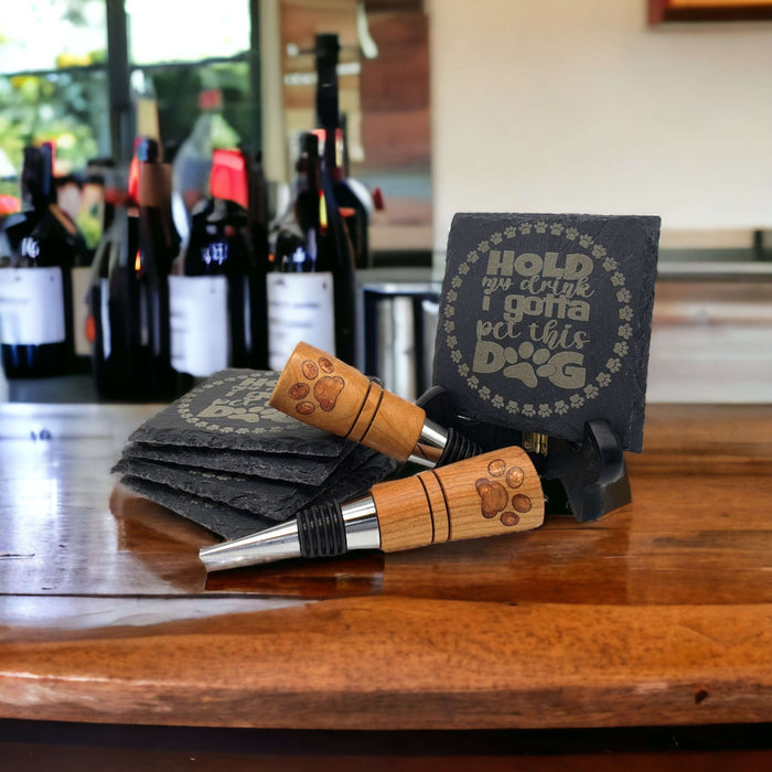 'Hold My Drink...' Cherry Bottle Stopper & Engraved Coaster Set