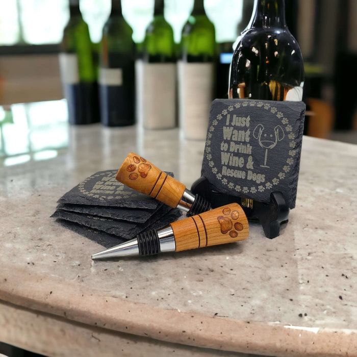 'Rescue Dogs...' Cherry Bottle Stopper & Engraved Coaster Set