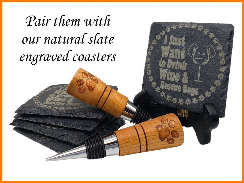 'Rescue Dogs...' Cherry Bottle Stopper & Engraved Coaster Set