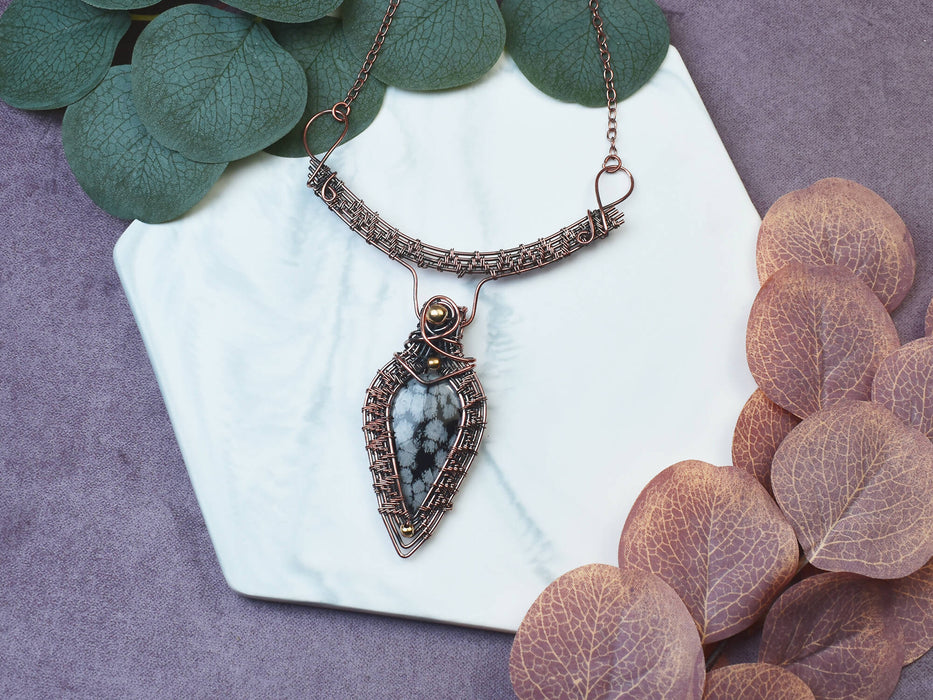 Wire Wrapped Copper Necklace with Snowflake Obsidian