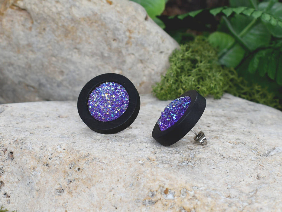 Wood Stud Earrings With Resin Druzy #22