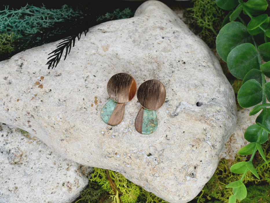 Wood Dangle Earrings with Green Resin #108