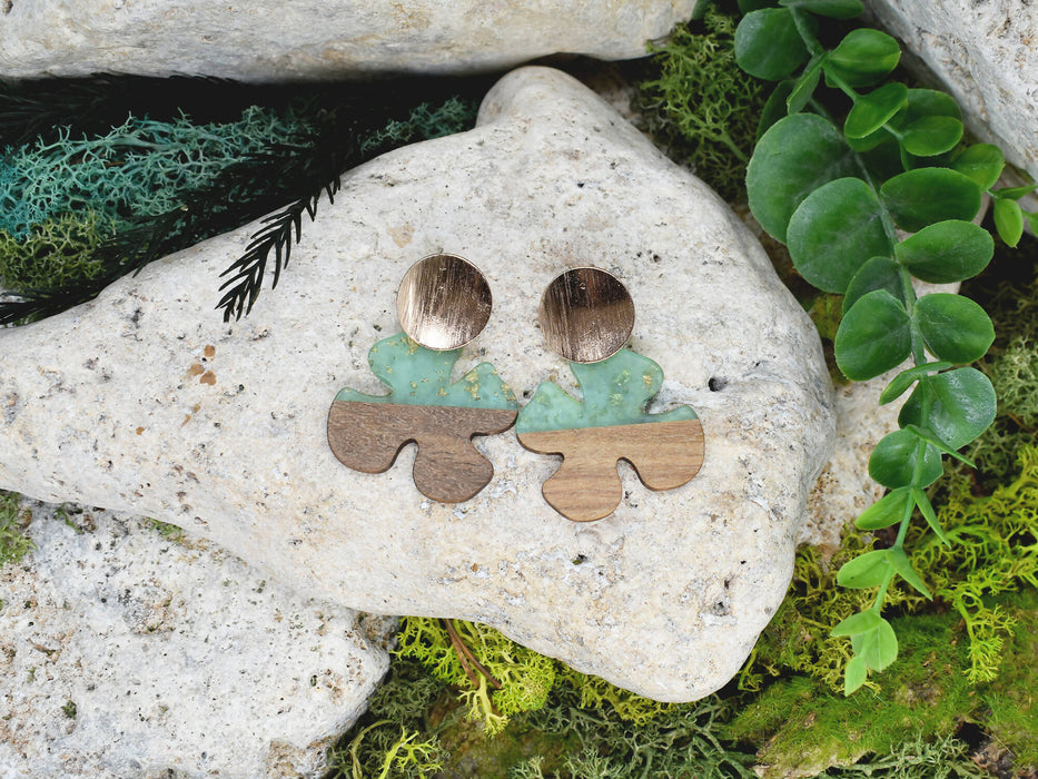 Wood Dangle Earrings with Green Resin #102