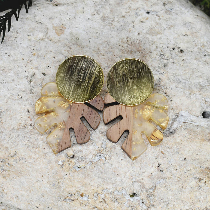 Wood Dangle Earrings with Transpareny-Gold Resin #113