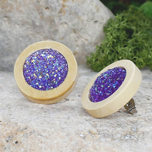 Wood Earrings With Resin Druzy #11