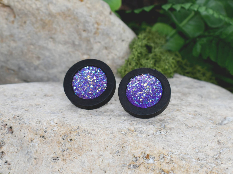 Wood Stud Earrings With Resin Druzy #22
