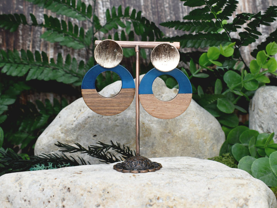 Wood Dangle Earrings with Blue Resin #93