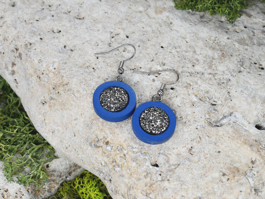 Wood Dangle Earrings With Resin Druzy #36