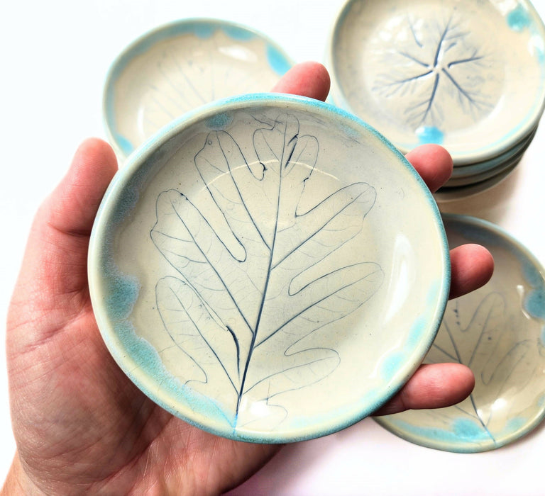 small pottery plate - ceramic dish with oak leaf impression