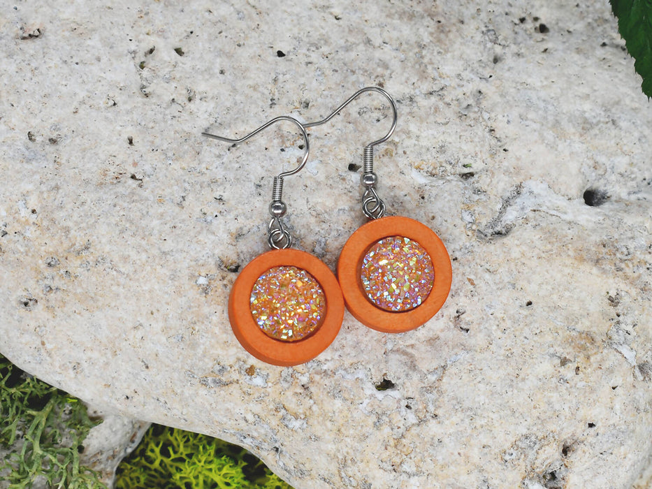Wood Dangle Earrings With Resin Druzy #29