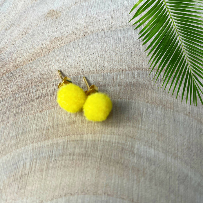 Mini Pom-poms Gold Stud Earrings | Fun Colourful Earrings | Gift for Her