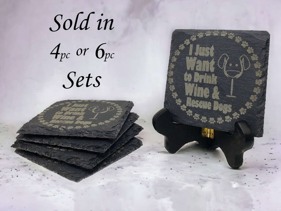 'Drink Wine, Rescue Dogs' Engraved Slate Coaster Sets