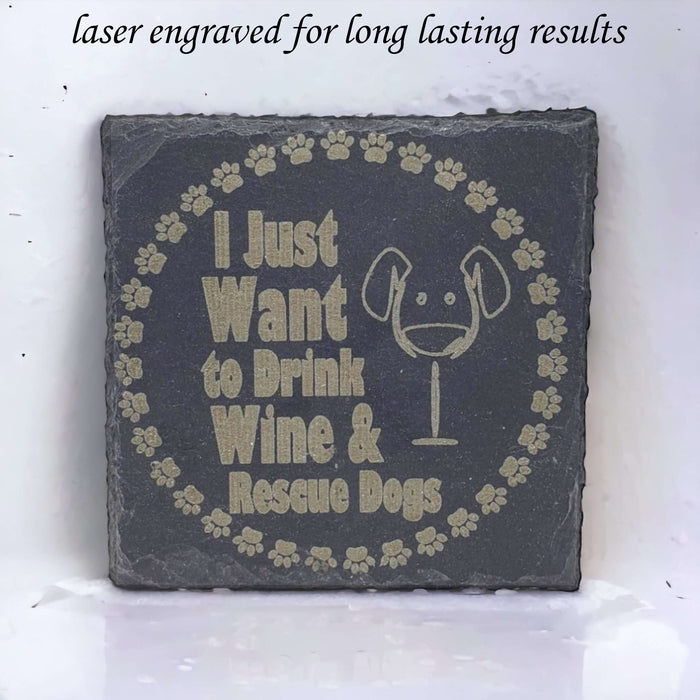 'Drink Wine, Rescue Dogs' Engraved Slate Coaster Sets