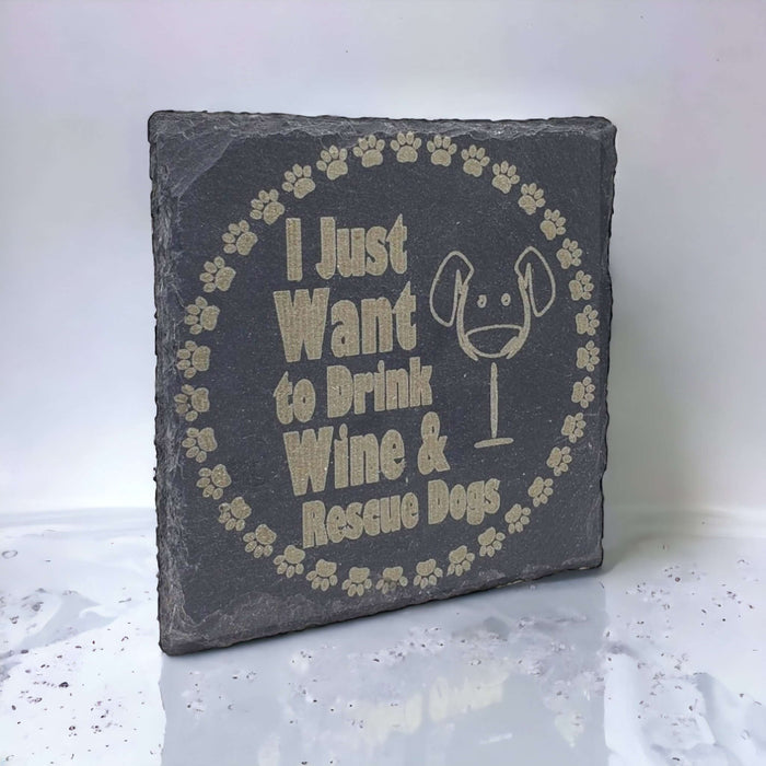 'Drink Wine, Rescue Dogs' Engraved Slate Coaster Sets