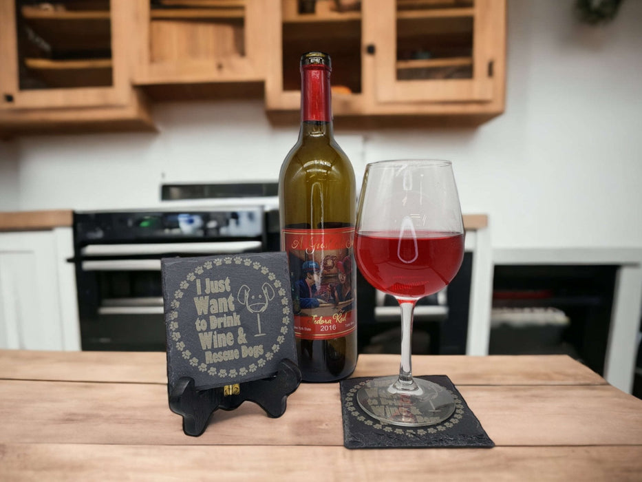 'Drink Wine, Rescue Dogs' Engraved Slate Coaster Sets