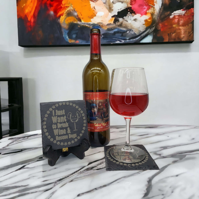 'Drink Wine, Rescue Dogs' Engraved Slate Coaster Sets