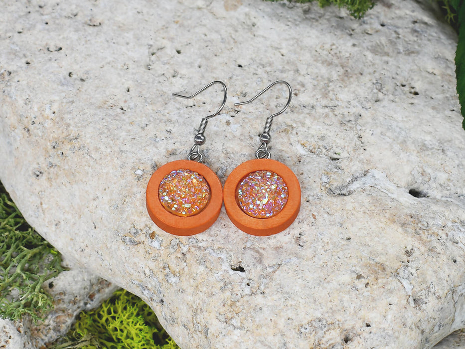 Wood Dangle Earrings With Resin Druzy #29