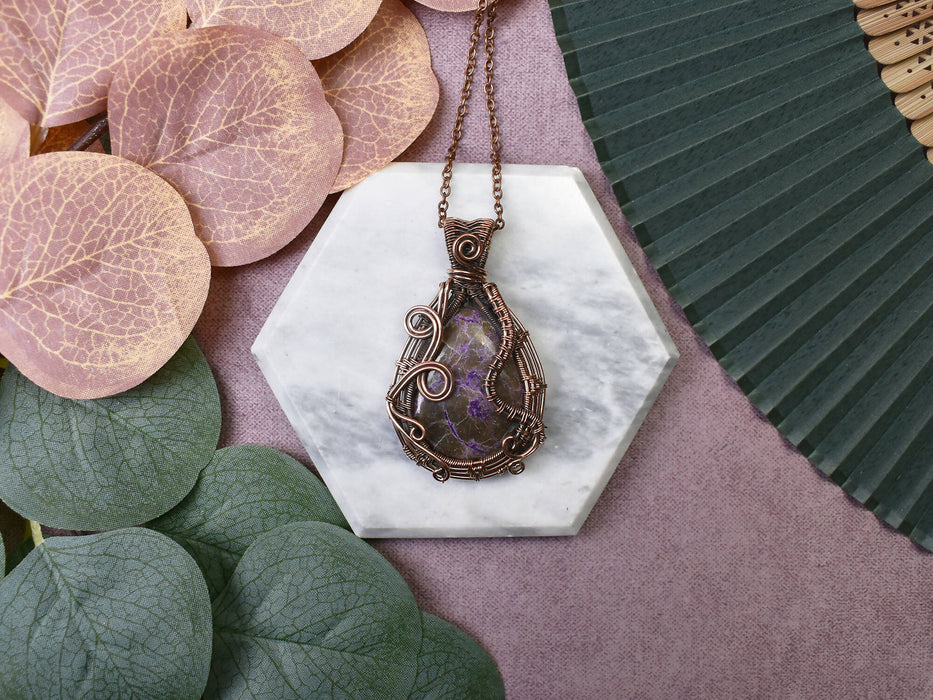 Wire Wrapped Copper Pendant with Purpurite