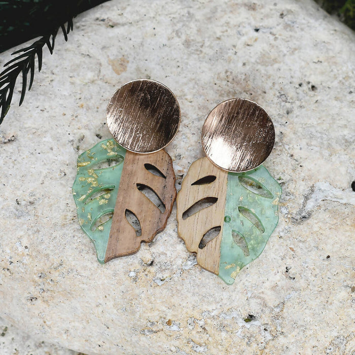 Wood Dangle Earrings with Green Resin #106