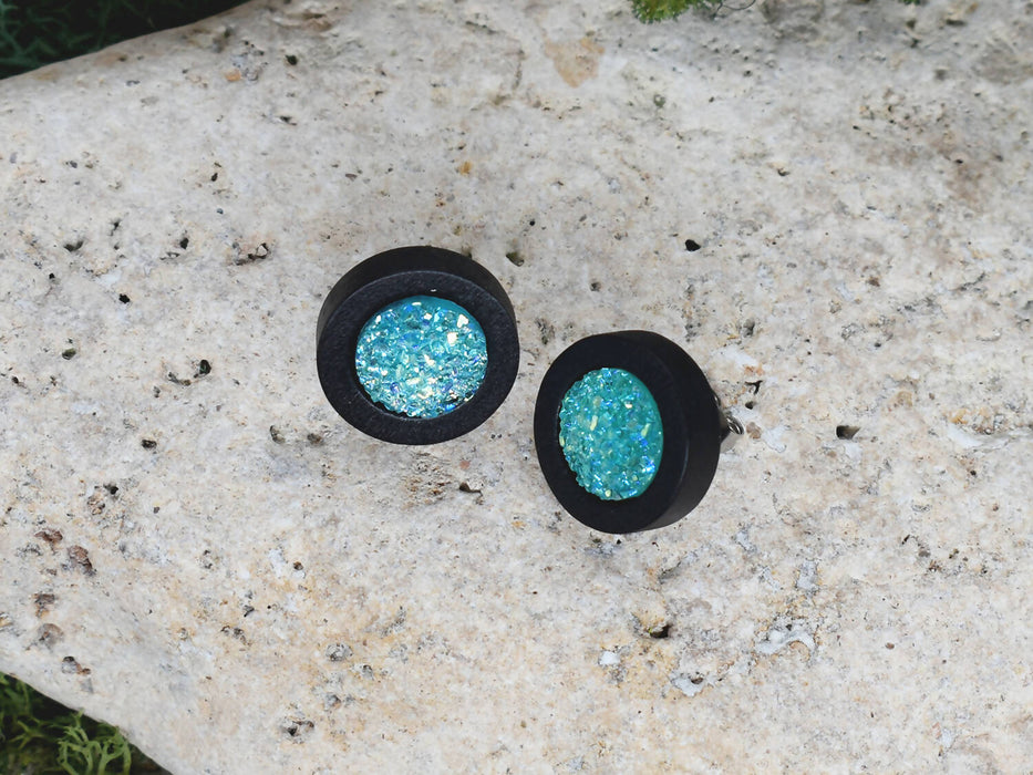 Wood Stud Earrings With Resin Cabochon #56