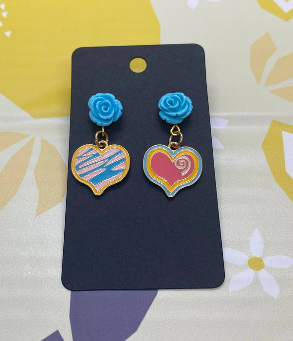 Blue Rose and Heart Earrings