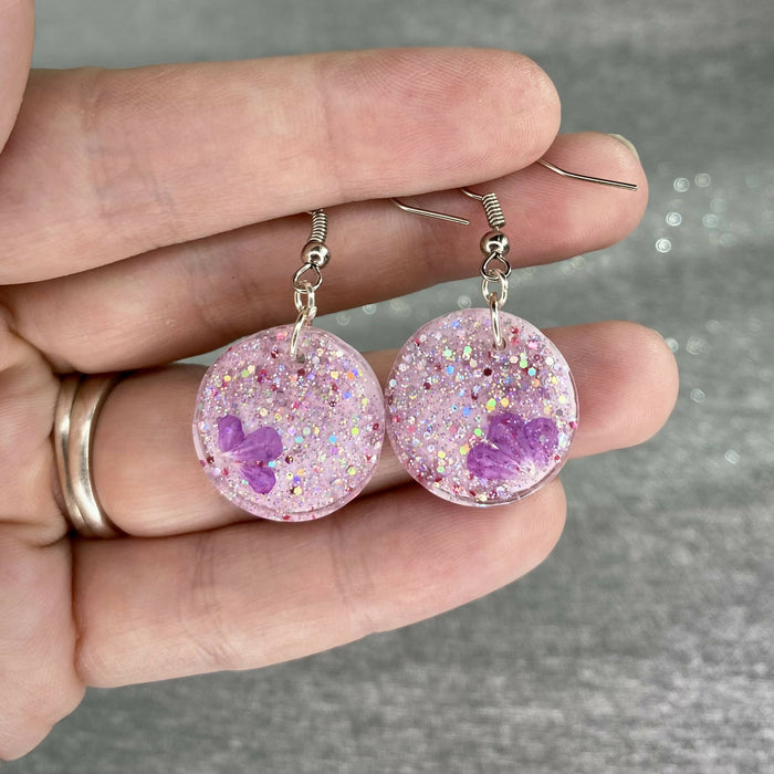Purple Botanical Silver Sparkle Resin Earrings