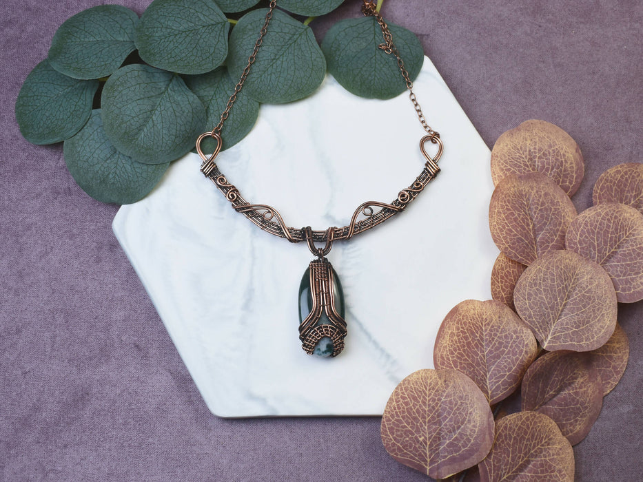 Wire Wrapped Copper Necklace with Moss Agate