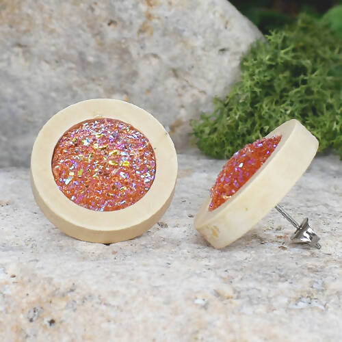 Wood Earrings With Resin Druzy #16