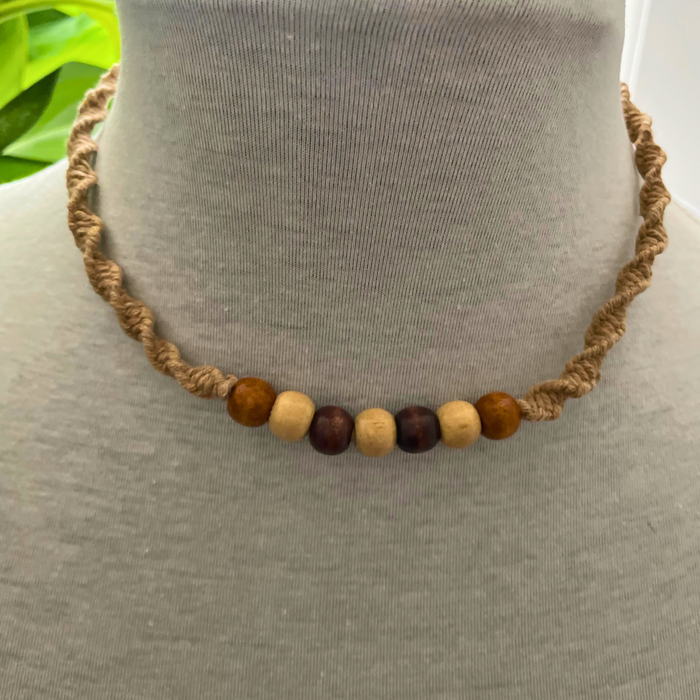 Macrame Half Knot Spiral with Wooden Beads Cord Necklace