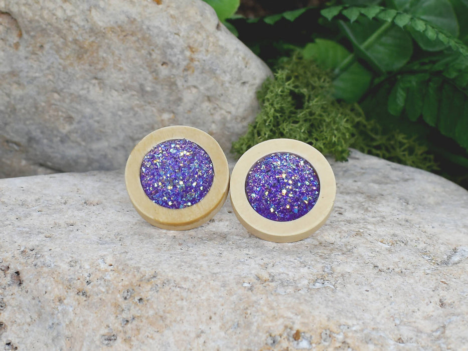 Wood Earrings With Resin Druzy #11