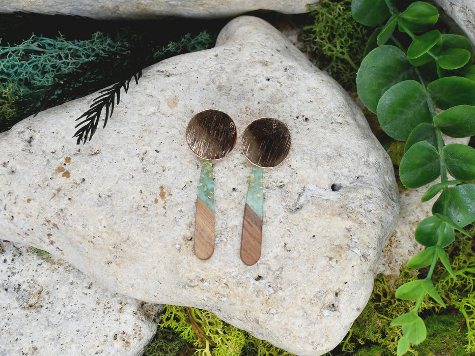 Wood Dangle Earrings with Green Resin #107