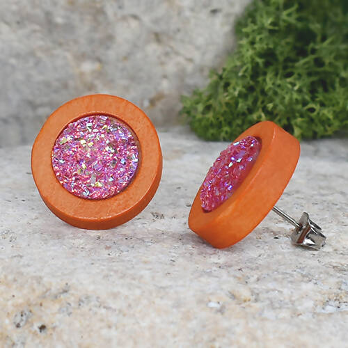 Wood Earrings With Resin Druzy