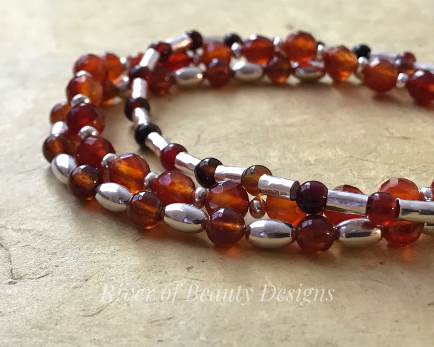 Beaded Sterling Silver Gemstone Bracelet: Carnelian, Garnet & Agate