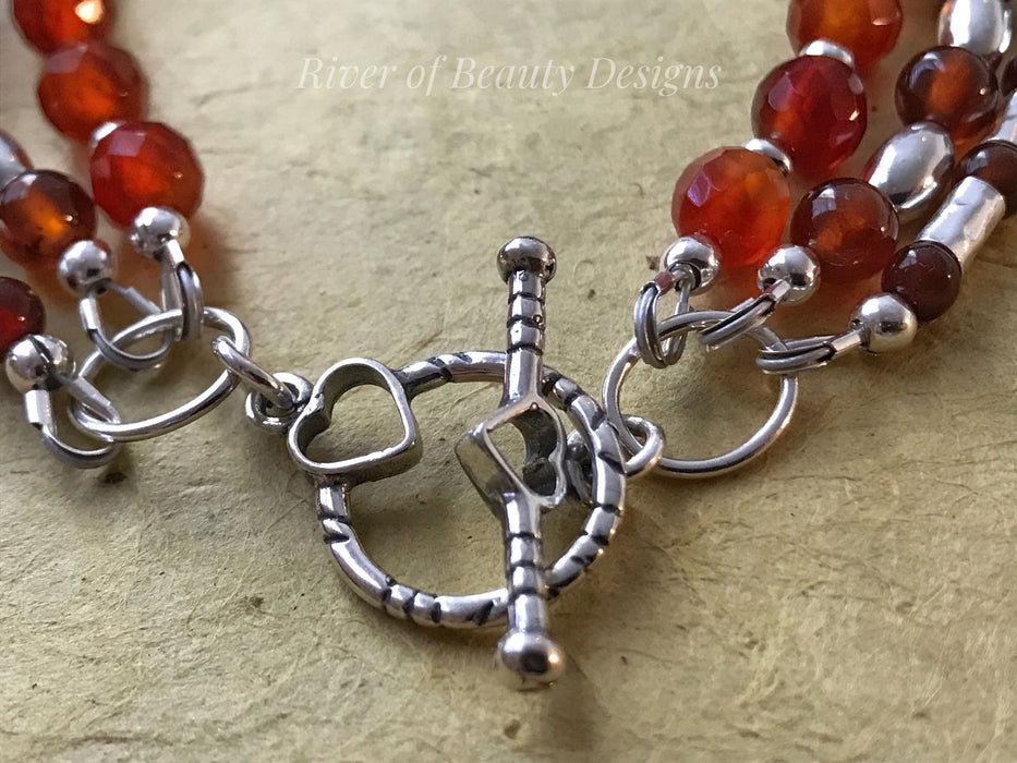 Beaded Sterling Silver Gemstone Bracelet: Carnelian, Garnet & Agate